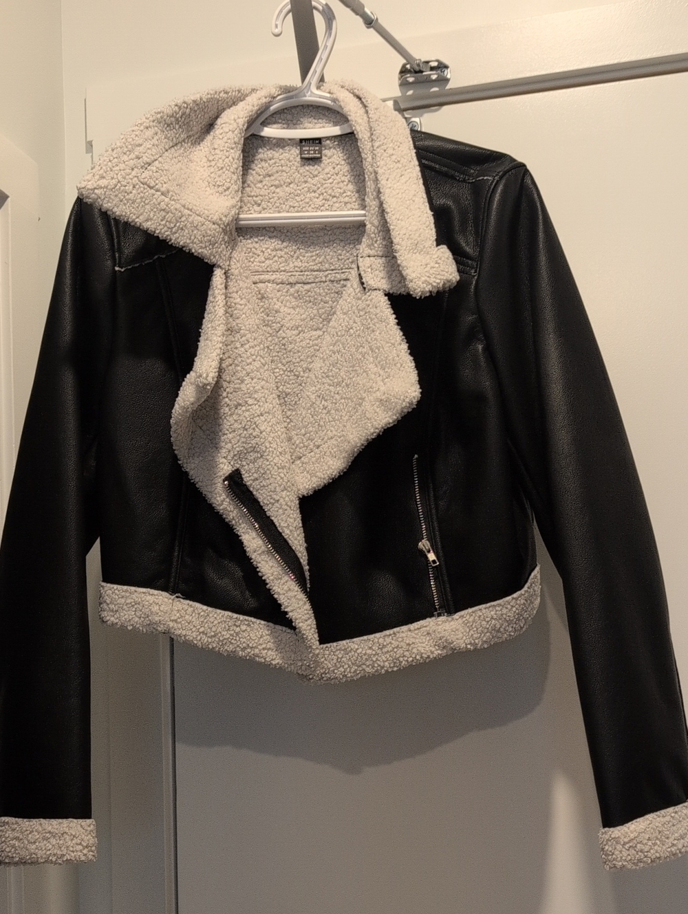 SHEIN Black Faux Leather Moto Jacket with Cream Sherpa Trim